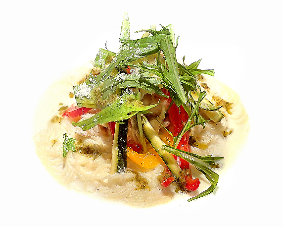 鱧と旬野菜のマリネでヴィシソワーズ風冷製カッペリーニに~京水菜を添えて~3