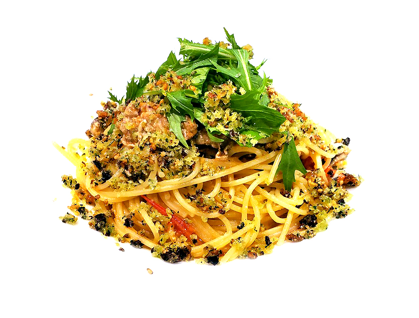 秋刀魚と秋トマトのラグーソーススパゲッティーニ 和風香草パン粉で